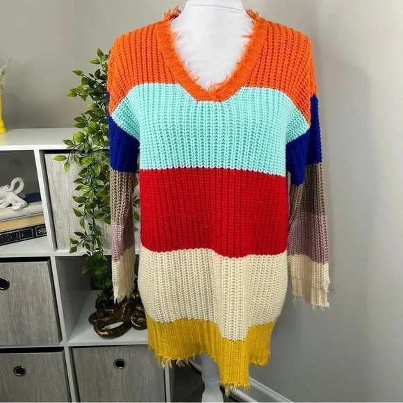 Dress Up Colorful Striped Tunic Sweater V Neck Frayed Trim Size S - Picture 2 of 11